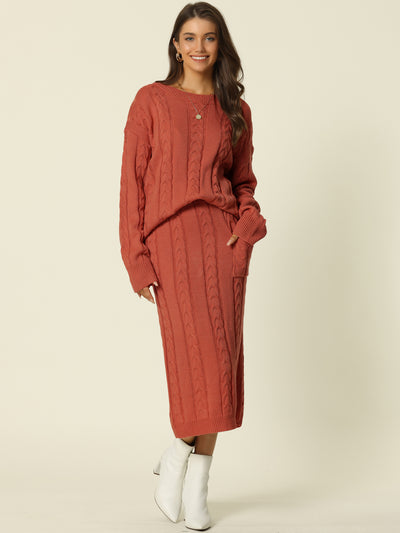 Womens' Fall Winter Casual Crewneck Sweater Two Piece Outfit Midi Skirts with Pockets Lounge Set