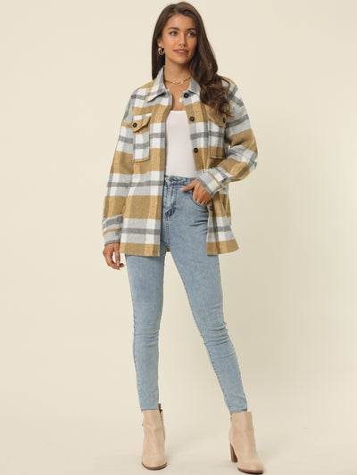 Womens' Fall Winter Button Front Closure Long Sleeve Plaid Jacket with Pockets