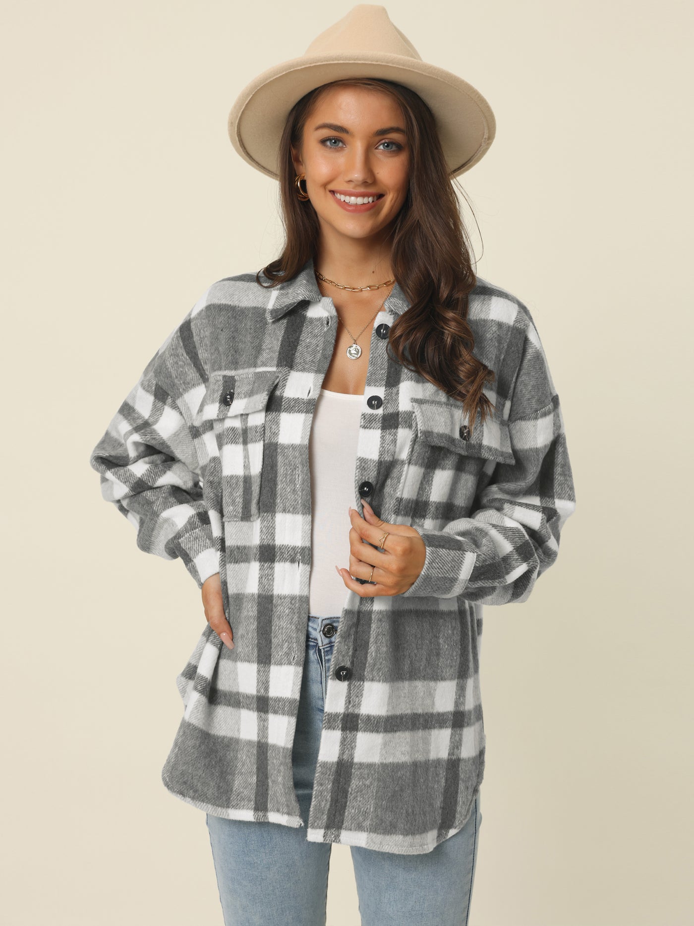 Bublédon Womens' Fall Winter Button Front Closure Long Sleeve Plaid Jacket with Pockets