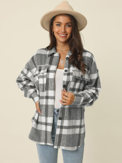 Womens' Fall Winter Button Front Closure Long Sleeve Plaid Jacket with Pockets