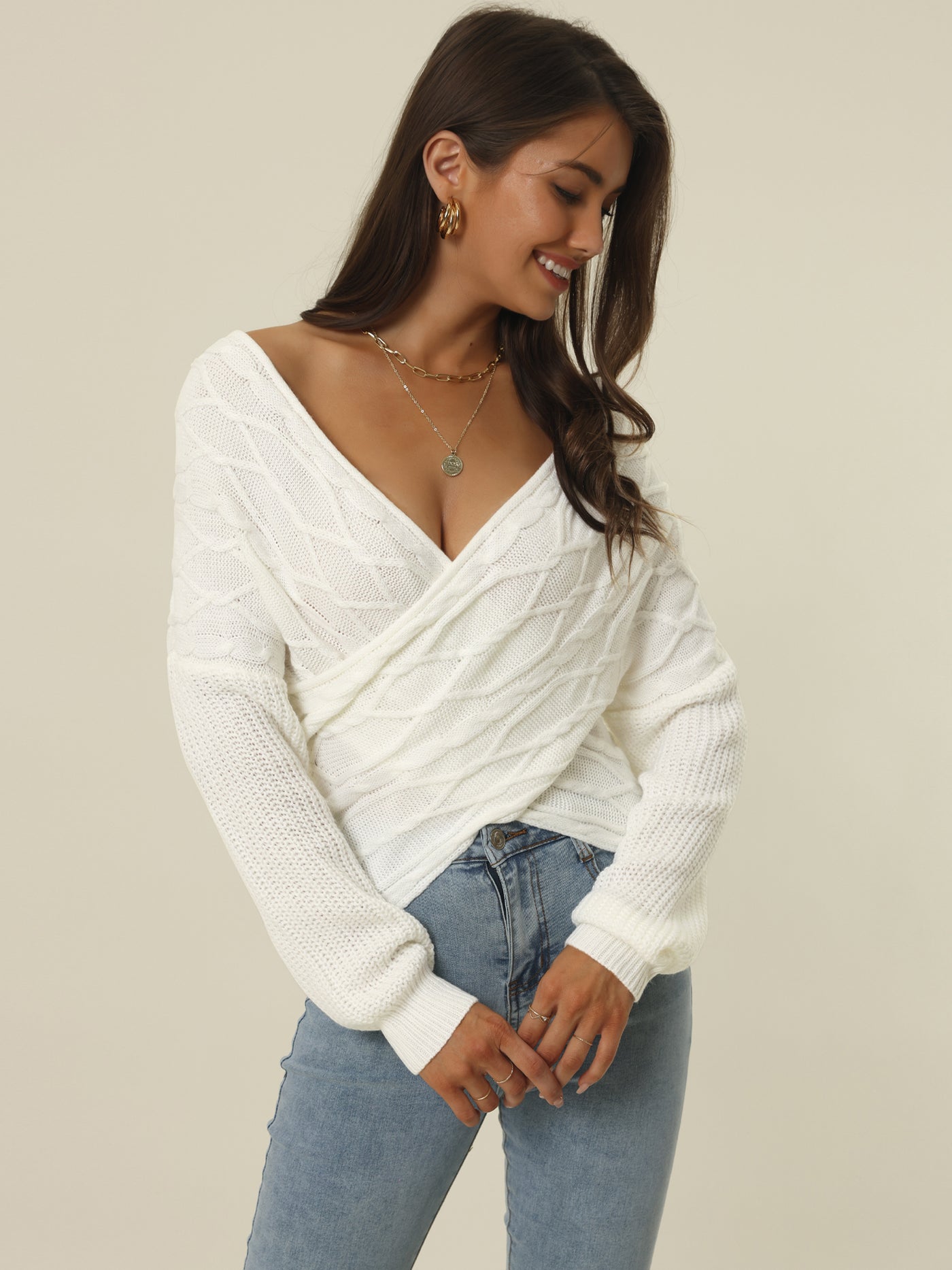 Bublédon Women's 2023 Fall Winter Casual Long Sleeve V Neck Cross Wrap Front Off Shoulder Asymmetric Hem Cable Knitted Crop Pullover Sweater