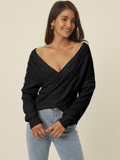 Women's 2023 Fall Winter Casual Long Sleeve V Neck Cross Wrap Front Off Shoulder Asymmetric Hem Cable Knitted Crop Pullover Sweater