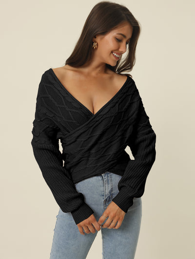 Women's 2023 Fall Winter Casual Long Sleeve V Neck Cross Wrap Front Off Shoulder Asymmetric Hem Cable Knitted Crop Pullover Sweater