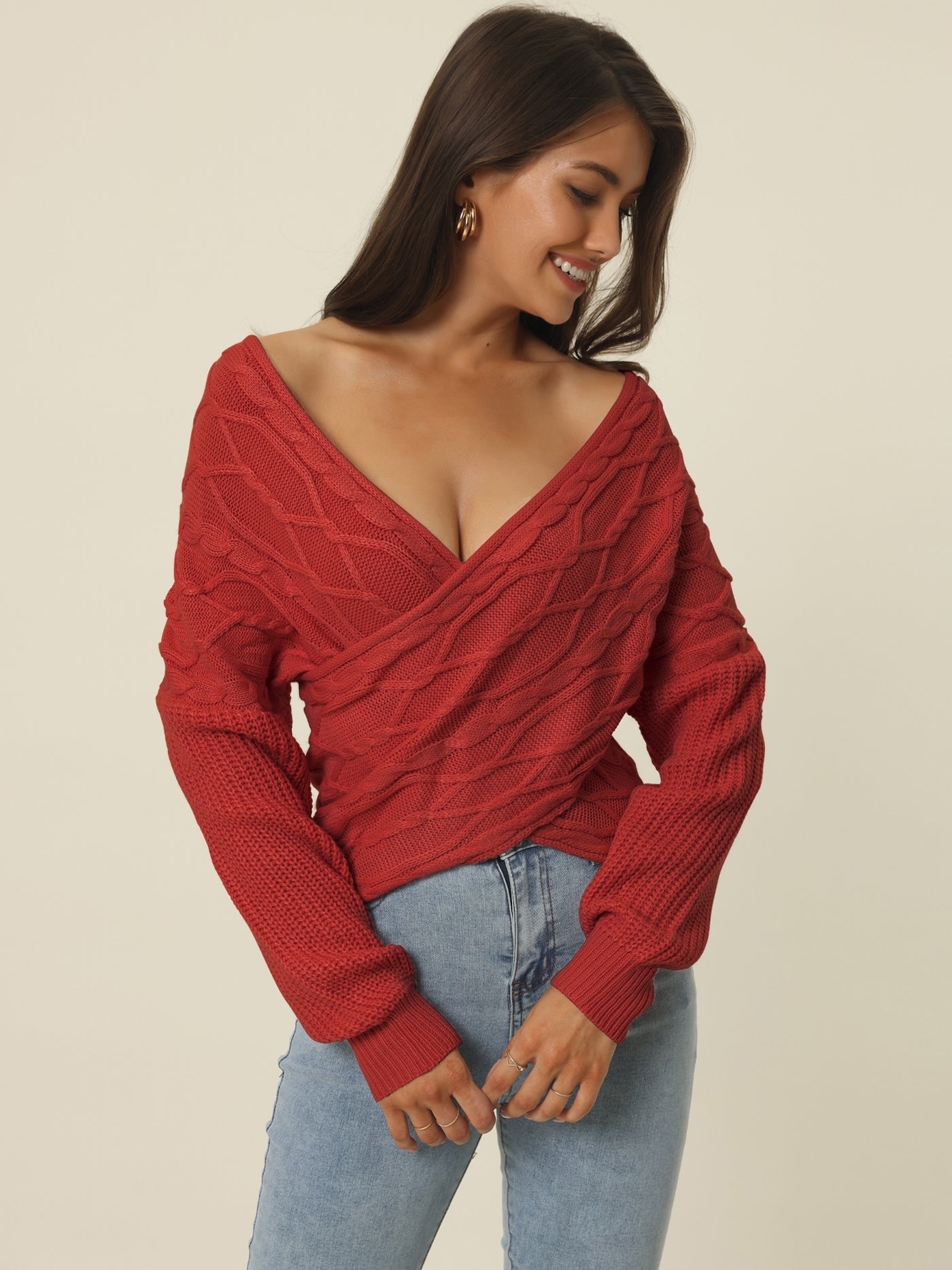 Bublédon Women's 2023 Fall Winter Casual Long Sleeve V Neck Cross Wrap Front Off Shoulder Asymmetric Hem Cable Knitted Crop Pullover Sweater