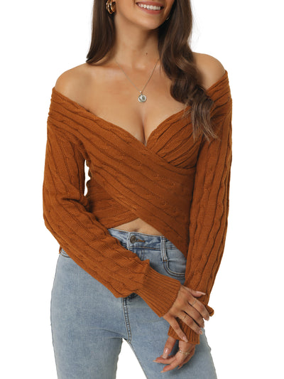 Women's Fall Winter Wrap V Neck Long Sleeve Ribbed Knit Crop Sweater Tops