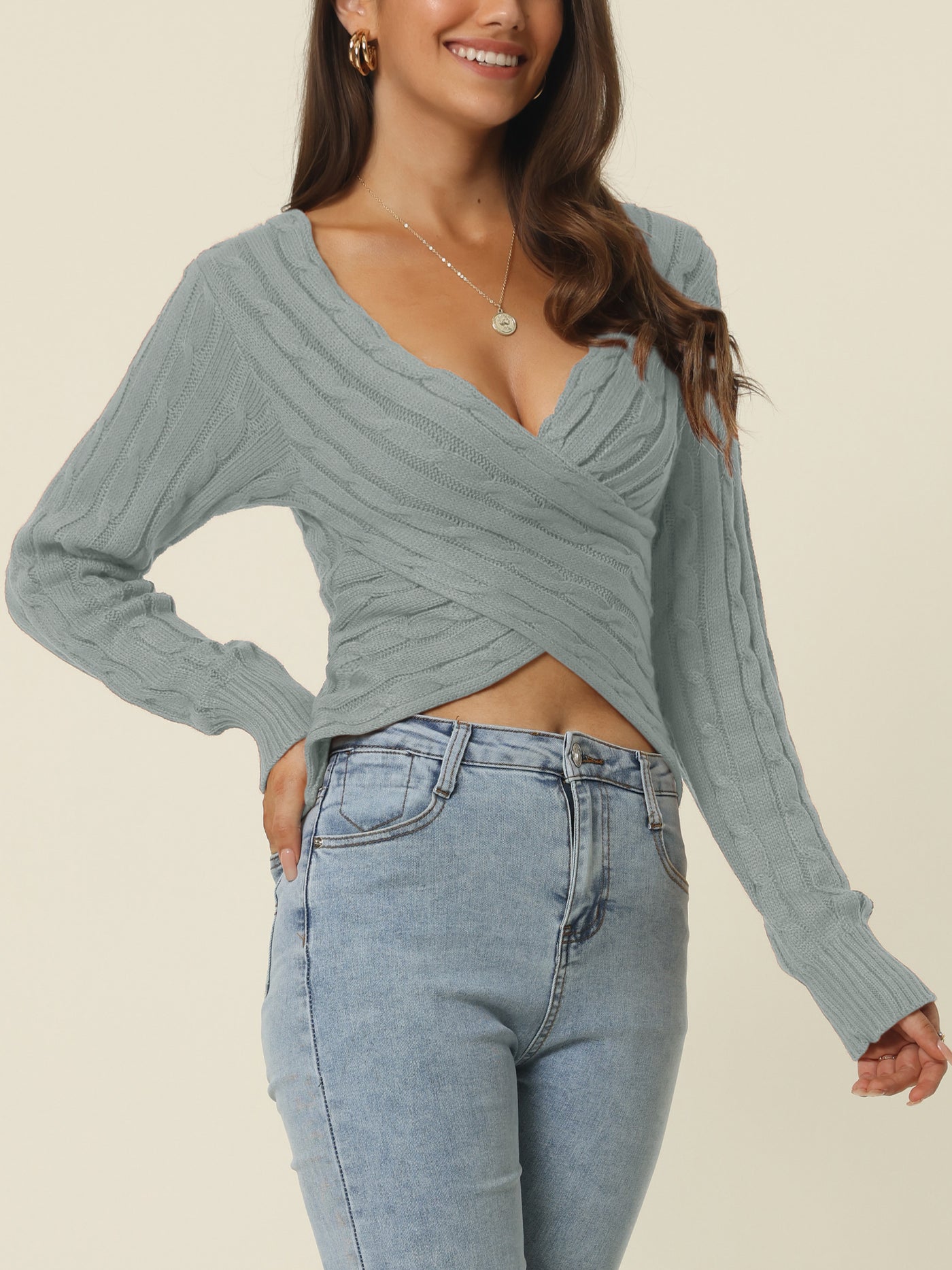 Bublédon Women's Fall Winter Wrap V Neck Long Sleeve Ribbed Knit Crop Sweater Tops