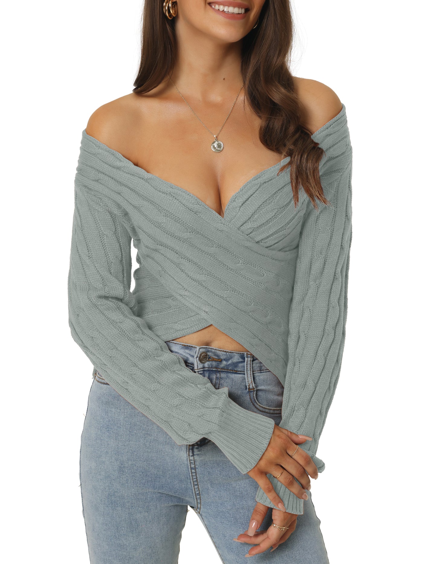 Bublédon Women's Fall Winter Wrap V Neck Long Sleeve Ribbed Knit Crop Sweater Tops