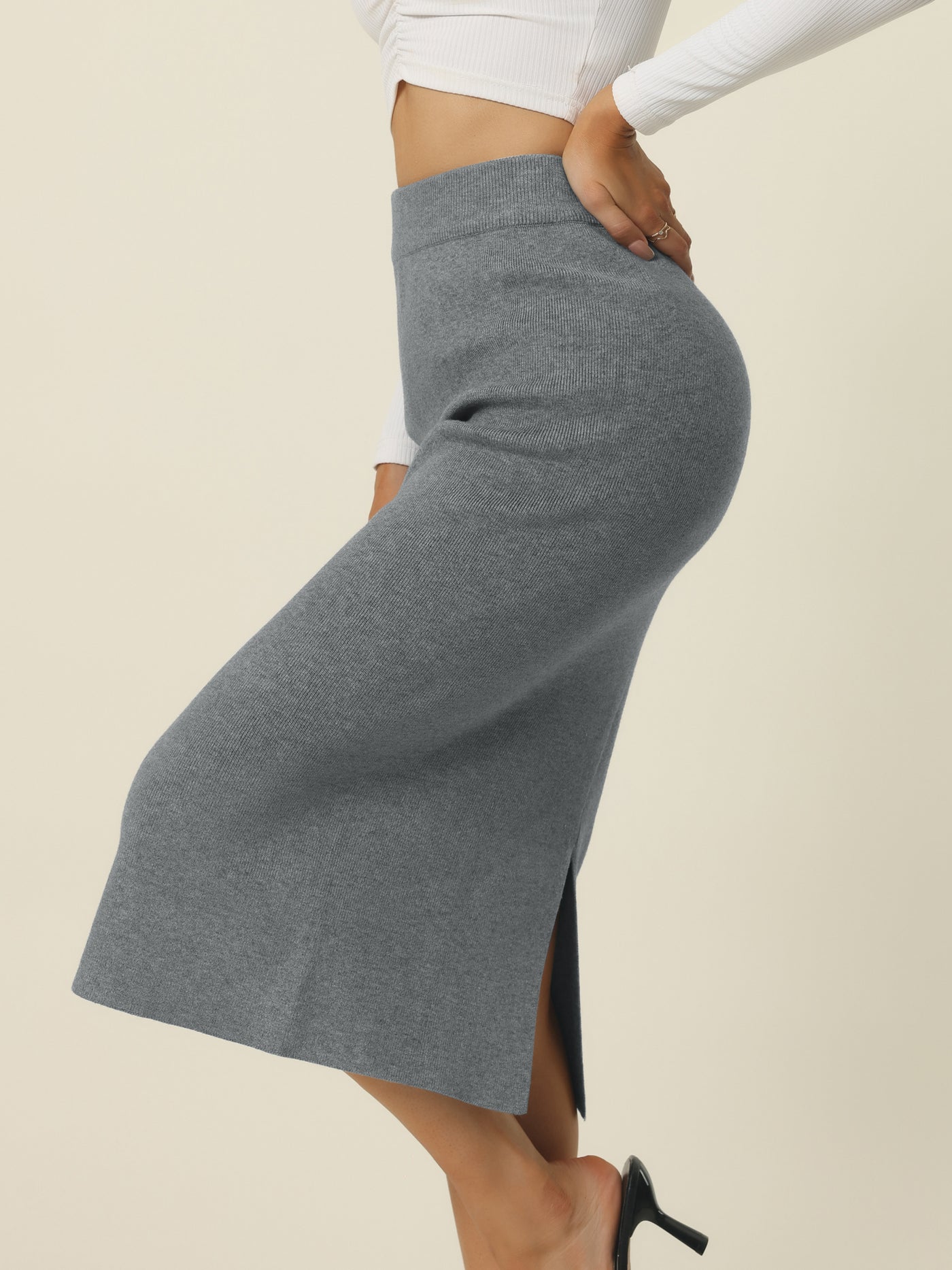 Bublédon Women's Elastic High Waist Slit Hem Stretchy Classic Midi Skirt
