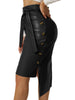 High Low Hem Belted Knot Button Decor Side Leather Skirt