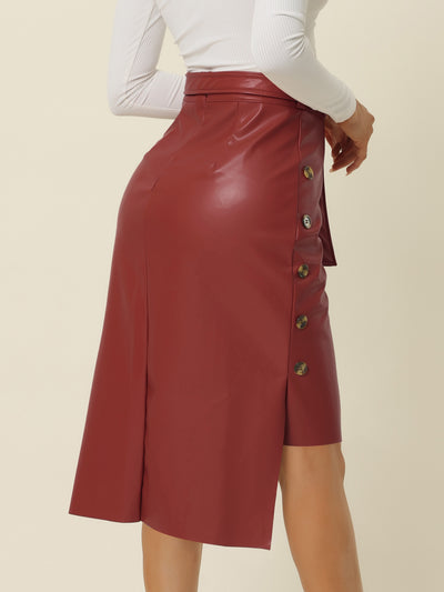 High Low Hem Belted Knot Button Decor Side Leather Skirt