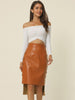 High Low Hem Belted Knot Button Decor Side Leather Skirt