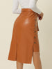 High Low Hem Belted Knot Button Decor Side Leather Skirt