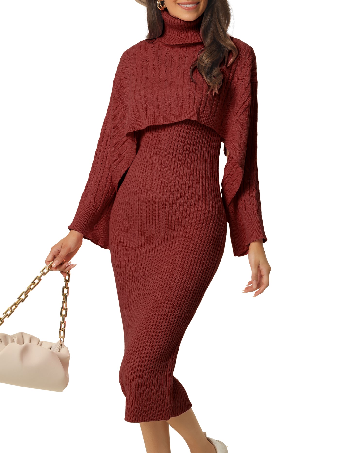 Bublédon Women's 2023 Spring Fall 2 Piece Outfits Knitted Long Sleeve Turtleneck Sweaters with Tank Bodycon Midi Sweater Dress Set