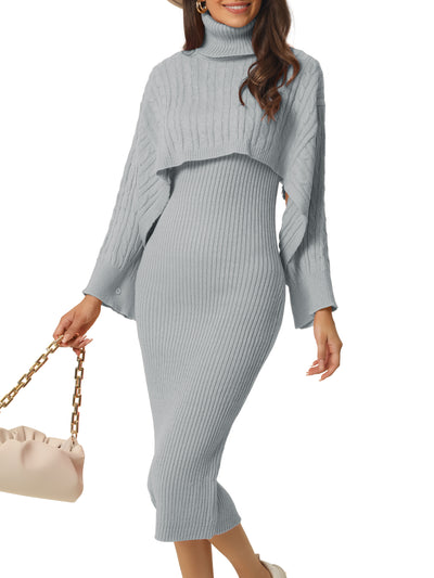 Women's 2023 Spring Fall 2 Piece Outfits Knitted Long Sleeve Turtleneck Sweaters with Tank Bodycon Midi Sweater Dress Set