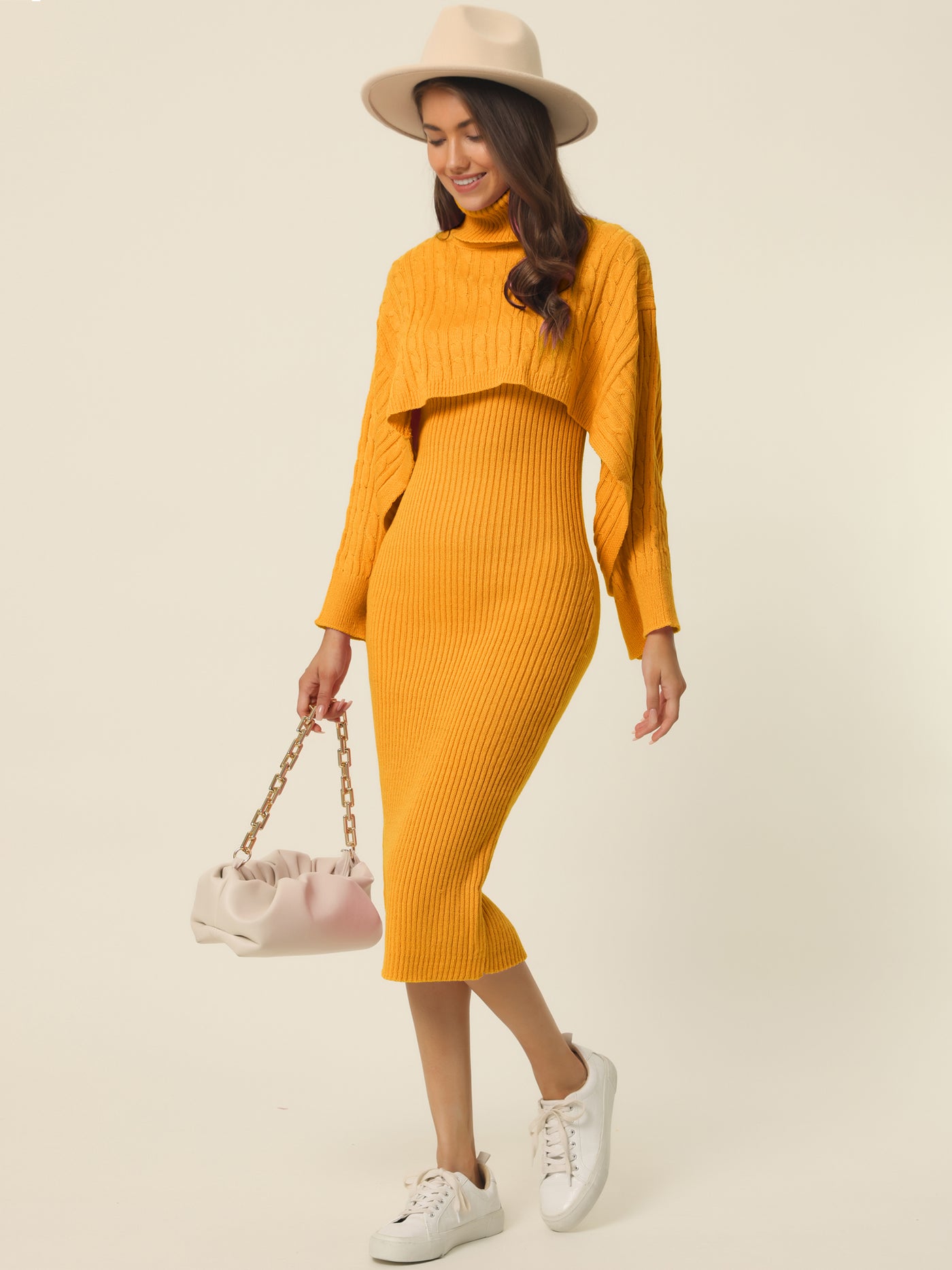 Bublédon Women's 2023 Spring Fall 2 Piece Outfits Knitted Long Sleeve Turtleneck Sweaters with Tank Bodycon Midi Sweater Dress Set