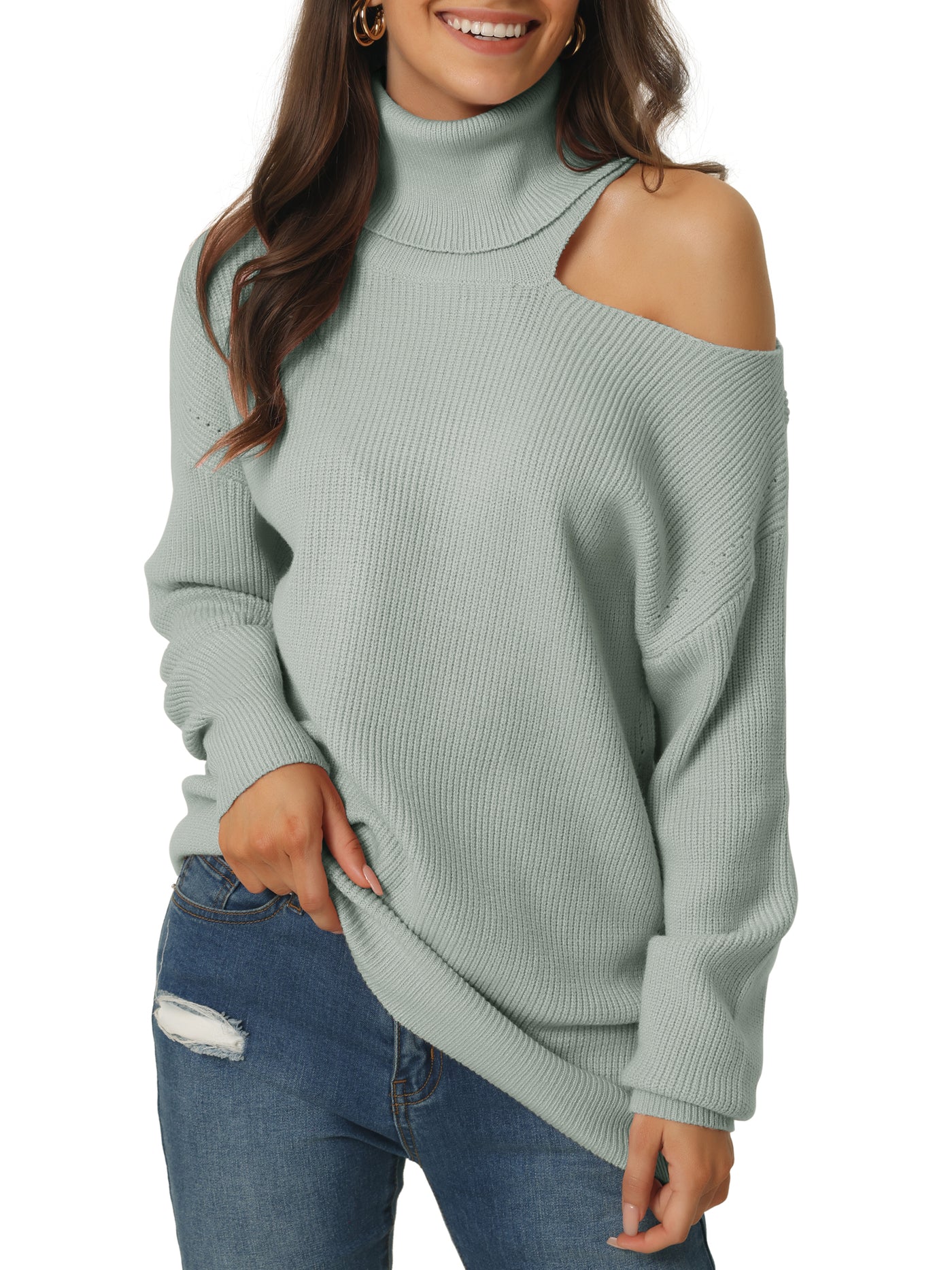 Bublédon Womens' High Neck Cut Shoulder Long Sleeve Fall Winter Casual Sweater