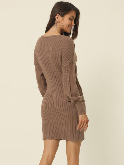 Women's Deep V Neck Wrap Lantern Sleeve Slim Fit Casual Fall Winter Mini Sweater Dress