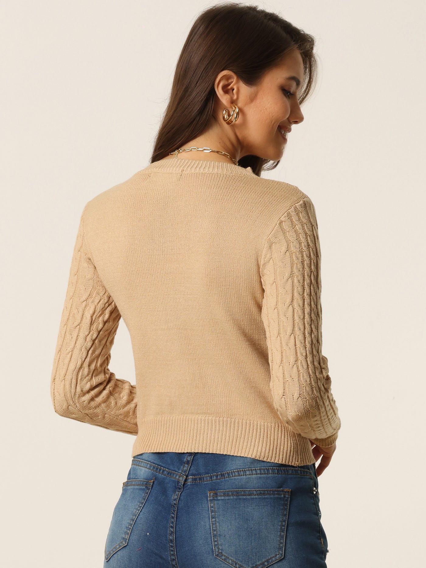 Bublédon Womens' Fall Winter Cut Out Front Cable Knit Long Sleeve Crop Sweater
