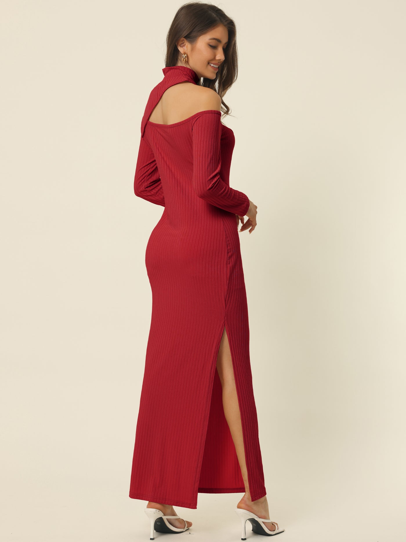 Bublédon Women's Fall Winter Cutout Shoulder High Neck Long Sleeve Slit Maxi Elegant Dress