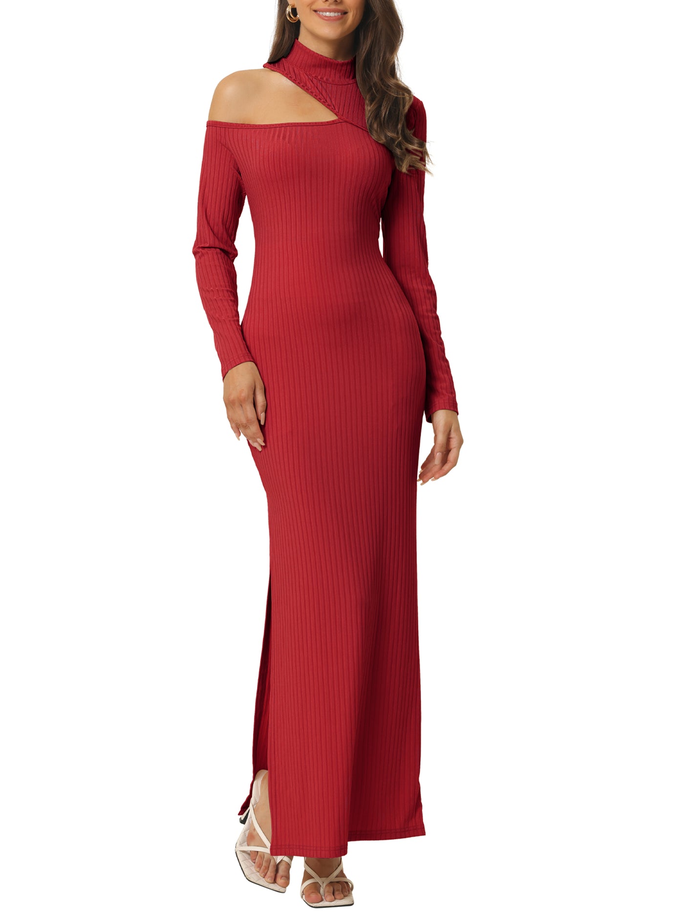 Bublédon Women's Fall Winter Cutout Shoulder High Neck Long Sleeve Slit Maxi Elegant Dress