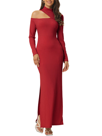 Women's Fall Winter Cutout Shoulder High Neck Long Sleeve Slit Maxi Elegant Dress
