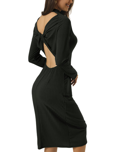 Women's Fall Winter Round Neck Twist Back Long Sleeve Cable Knit Cut Out Bodycon Midi Dress
