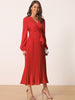 Long Puff Sleeve Wrap V Neck Flowy Ruffle Pleated Midi Dress with Belt