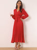 Long Puff Sleeve Wrap V Neck Flowy Ruffle Pleated Midi Dress with Belt