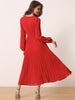 Long Puff Sleeve Wrap V Neck Flowy Ruffle Pleated Midi Dress with Belt