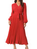 Long Puff Sleeve Wrap V Neck Flowy Ruffle Pleated Midi Dress with Belt