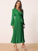 Long Puff Sleeve Wrap V Neck Flowy Ruffle Pleated Midi Dress with Belt