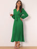 Long Puff Sleeve Wrap V Neck Flowy Ruffle Pleated Midi Dress with Belt