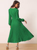 Long Puff Sleeve Wrap V Neck Flowy Ruffle Pleated Midi Dress with Belt