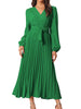 Long Puff Sleeve Wrap V Neck Flowy Ruffle Pleated Midi Dress with Belt