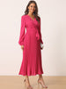 Long Puff Sleeve Wrap V Neck Flowy Ruffle Pleated Midi Dress with Belt