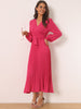Long Puff Sleeve Wrap V Neck Flowy Ruffle Pleated Midi Dress with Belt