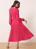 Long Puff Sleeve Wrap V Neck Flowy Ruffle Pleated Midi Dress with Belt