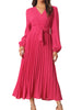 Long Puff Sleeve Wrap V Neck Flowy Ruffle Pleated Midi Dress with Belt
