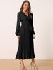 Long Puff Sleeve Wrap V Neck Flowy Ruffle Pleated Midi Dress with Belt