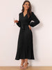 Long Puff Sleeve Wrap V Neck Flowy Ruffle Pleated Midi Dress with Belt
