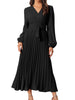 Long Puff Sleeve Wrap V Neck Flowy Ruffle Pleated Midi Dress with Belt