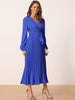 Long Puff Sleeve Wrap V Neck Flowy Ruffle Pleated Midi Dress with Belt