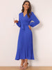 Long Puff Sleeve Wrap V Neck Flowy Ruffle Pleated Midi Dress with Belt