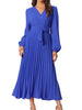 Long Puff Sleeve Wrap V Neck Flowy Ruffle Pleated Midi Dress with Belt