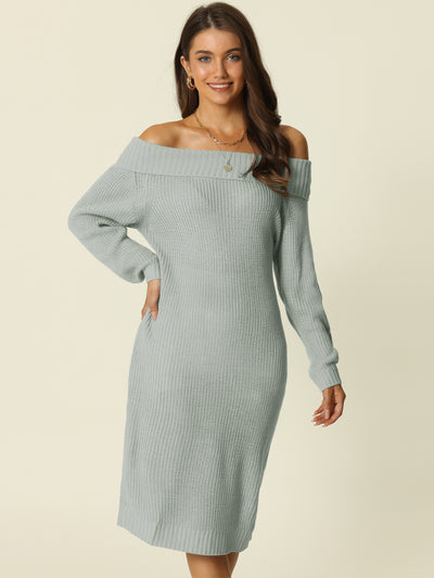Women's 2023 Off Shoulder Long Sleeve Ribbed Knit Pullover Midi Sweater Dress