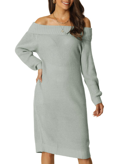 Women's 2023 Off Shoulder Long Sleeve Ribbed Knit Pullover Midi Sweater Dress