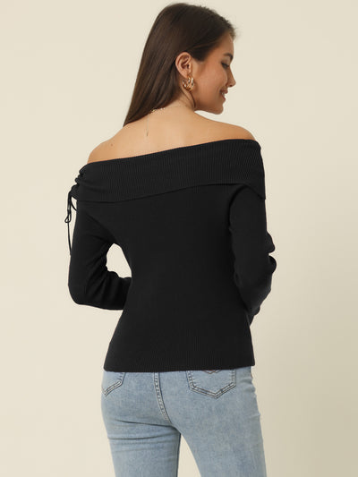 Women's Off Shoulder Ribbed Knit Casual Long Sleeve Solid Sweater Pullover Top