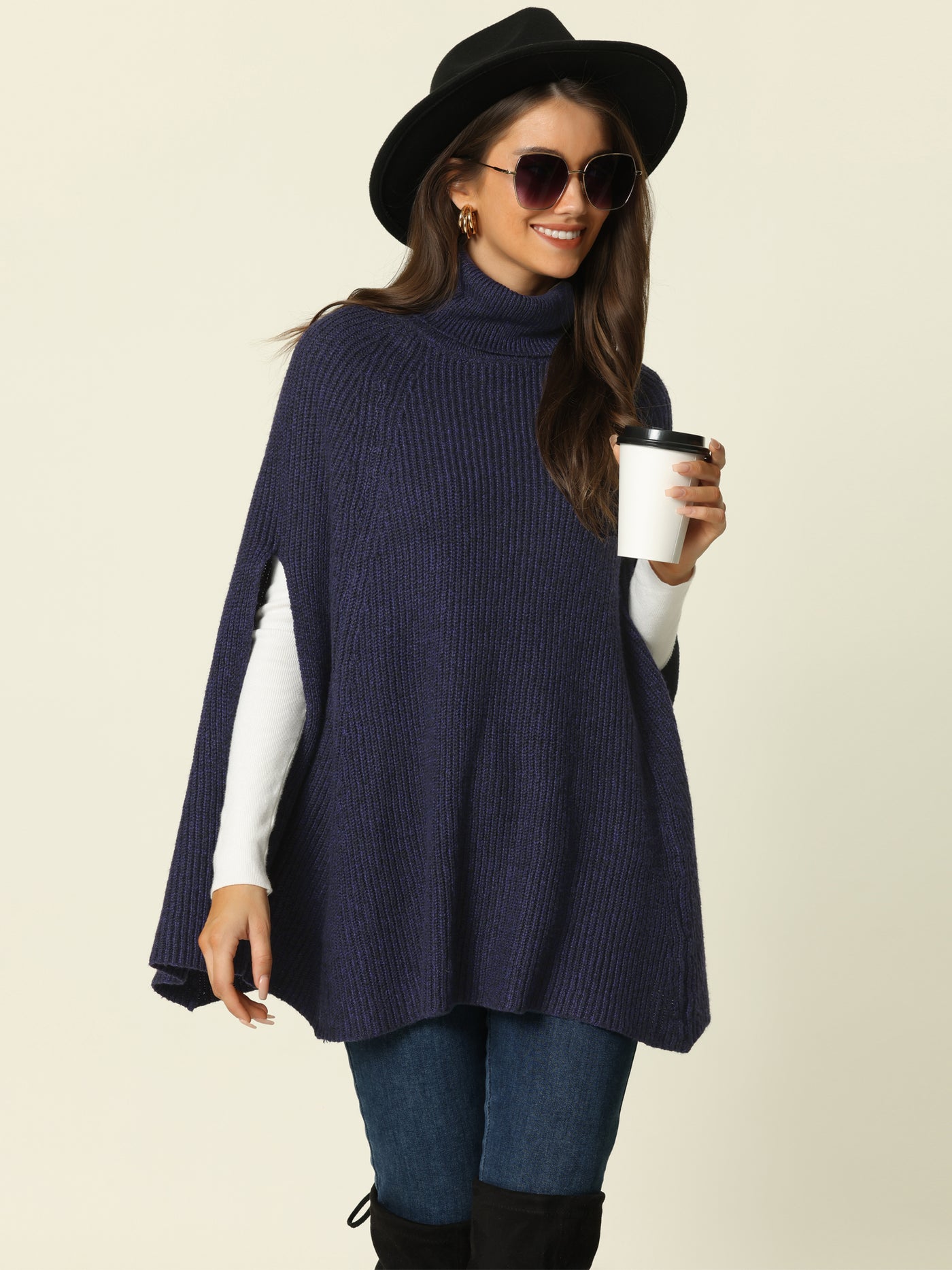 Bublédon Women's Turtleneck Fashion Chunky Knit Cape Sweater