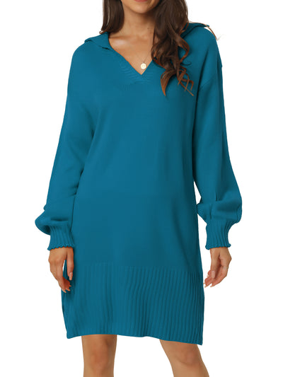 Casual Ribbed Hem Pullover Jumper V Neck Long Sleeve Loose Fit Knit Mini Sweater Dresses