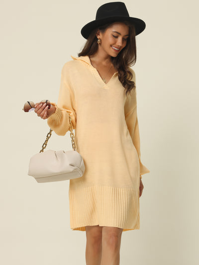 Casual Ribbed Hem Pullover Jumper V Neck Long Sleeve Loose Fit Knit Mini Sweater Dresses